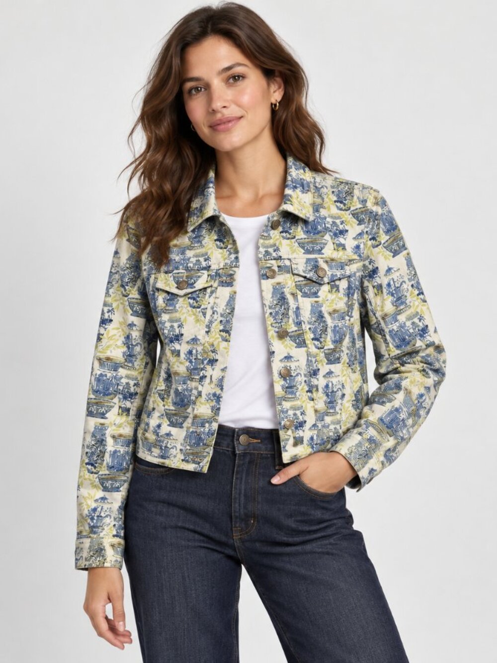 Talbots Blue and Green Printed Jean Jacket With Ginger Jars Chinoiserie